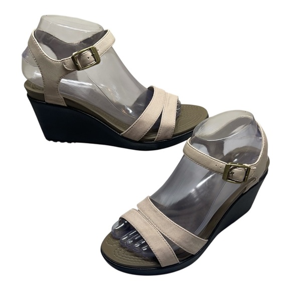 CROCS Leigh Beige Canvas Leather Ankle Strap Wedge Comfort Sandals Womens size 8 - Picture 1 of 14